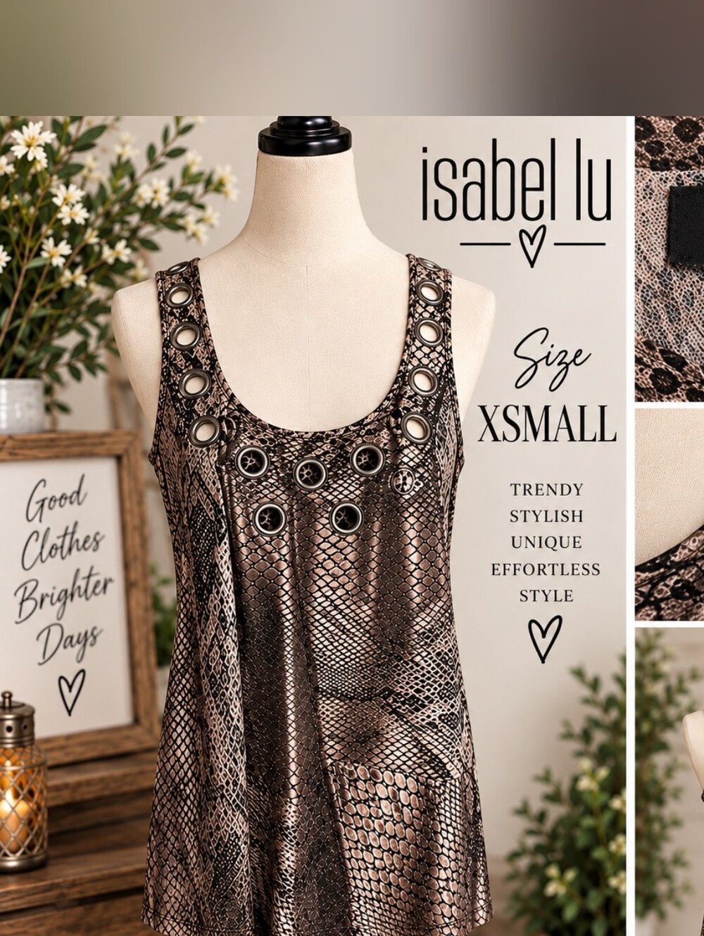Isabel Lu Brown Snake-Print Eyelet Tank Top - XSmall